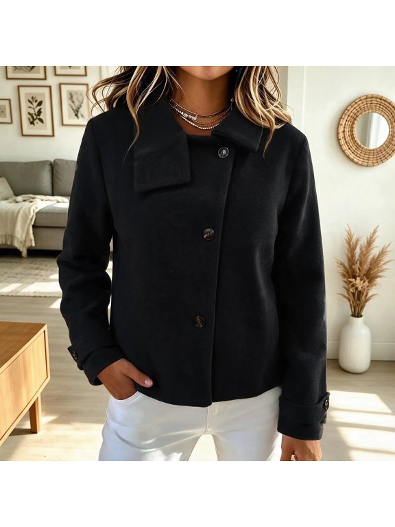 Womens High Neck Button Jacket Wool Blend Cropped Long Sleeve Rolled Cuffs Coat with Pockets Chic Outerwear Fall Winter Daily Office