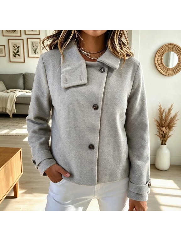 Womens High Neck Button Jacket Wool Blend Cropped Long Sleeve Rolled Cuffs Coat with Pockets Chic Outerwear Fall Winter Daily Office