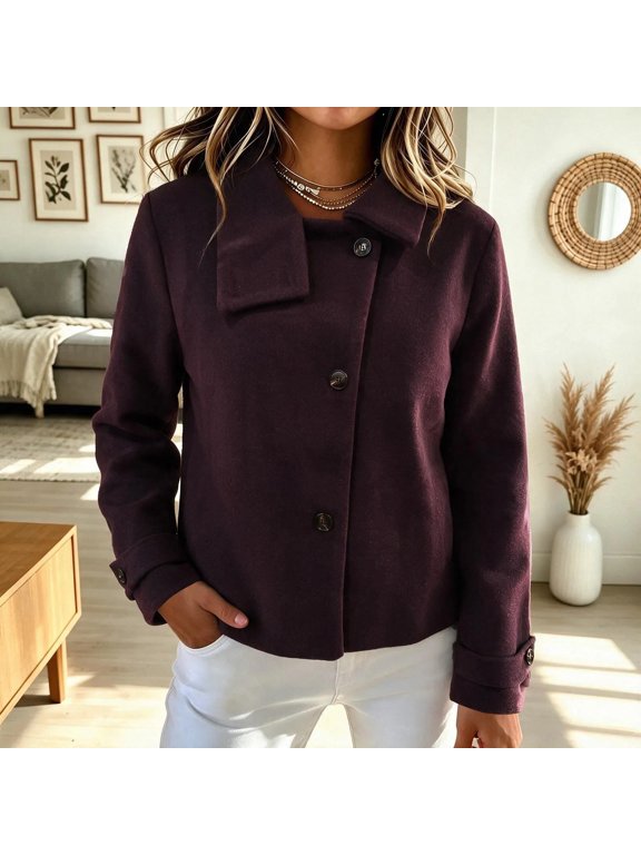 Womens High Neck Button Jacket Wool Blend Cropped Long Sleeve Rolled Cuffs Coat with Pockets Chic Outerwear Fall Winter Daily Office