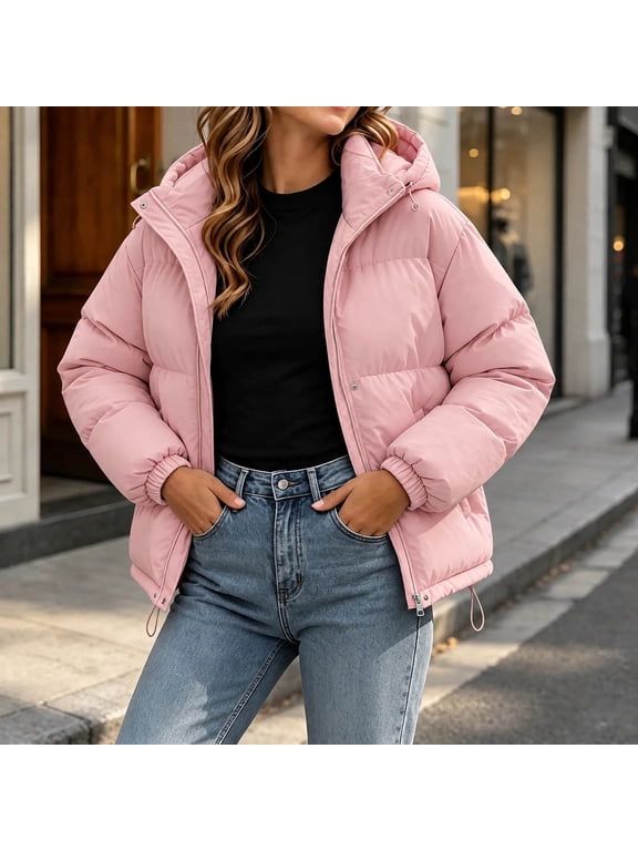 Womens Hooded Puffer Jacket Short Quilted Zip Up Bubble Coat with Drawstring Hem Warm Loose Winter Fluffy Outerwear Daily Casual S-4XL