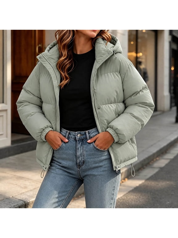 Womens Hooded Puffer Jacket Short Quilted Zip Up Bubble Coat with Drawstring Hem Warm Loose Winter Fluffy Outerwear Daily Casual S-4XL