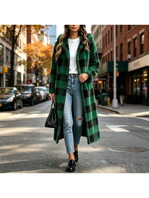 Womens Long Fuzzy Coat Buffalo Plaid Hooded Fleece Teddy Jacket Winter Warm Zip up Cozy Cardigan Shacket Casual Fall Winter Outerwear S-3XL