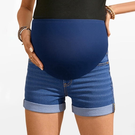 Trikvn Womens Maternity Jean Shorts Stretchy Over The Bump Denim Summer Casual Flattering Shorts with Pockets Comfortable Pregnancy Apparel for Beach Vacation