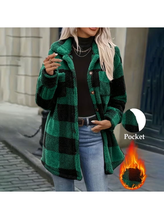 Womens Plaid Jacket Flannel Shacket Fuzzy Fleece Jacket Button down Long Sleeve Teddy Shirt Coat Fall Winter Casual Warm Outerwear Trendy