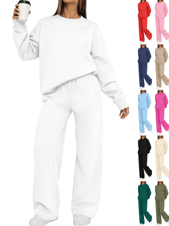 Womens Sweatsuits 2 Piece Set Casual Crewneck Long Sleeve Sweatshirt and High Waisted Wide Leg Sweatpants Matching Sets Fall Tracksuit Lounge Activewear Outfits