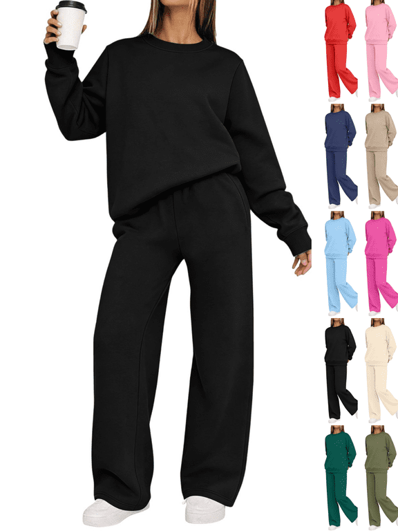 Womens Sweatsuits 2 Piece Set Casual Crewneck Long Sleeve Sweatshirt and High Waisted Wide Leg Sweatpants Matching Sets Fall Tracksuit Lounge Activewear Outfits