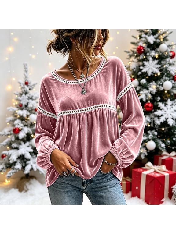 Womens Velvet Christmas Blouses Eyelet Lace Trim Bubble Cuffs Crew Neck Tunic Top with Cute Flowy Peplum Hem for Holiday Dressy Daily