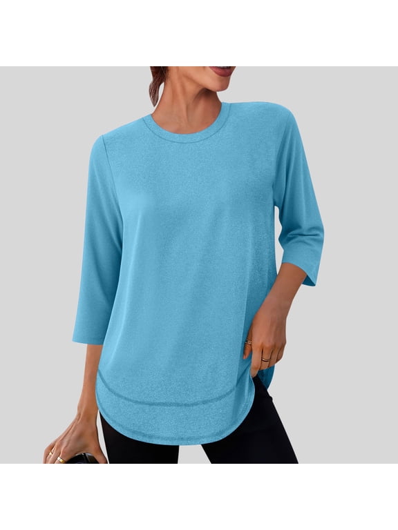 Workout Shirts for Women Crewneck 3/4 Sleeve Sun Protection Quick Dry Tunic Blouses Summer Soft Athletic Stretchy Training Outfits