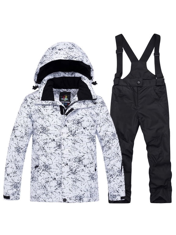 Youth Boys Girls Snowsuit 2 Piece Winter Ski Jacket and Suspenders Snow Pants Set Waterproof Windproof Warm Hooded Snowboarding Outfit for Mountain Skiing