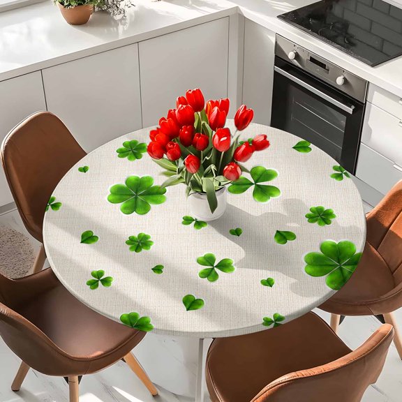 Trileaf Grass Round Fitted Tablecloth with Elastic Edge,Waterproof Table Cloth Fits Tables Up to 36"-44",Wipeable Washable Table Cover for Indoor Outdoor Dinning Party,Green Shamrock on Retro Linen