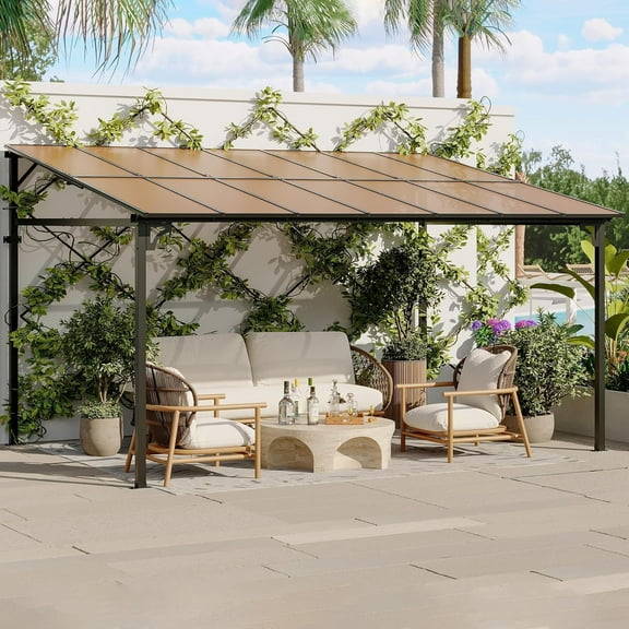 Trilenars 10*14FT Wall Mounted Gazebo,Hardtop Lean-to Pergola with Polycarbonate Roof,Heavy Duty Outdoor Patio Awnings for Garden,Weather Resistant,