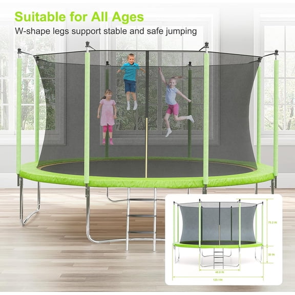 Trilenars 12FT Trampoline for Kids/Adults,with Safety Enclosure&Ladder,Recreational Trampolines,Outdoor Bounce,Green