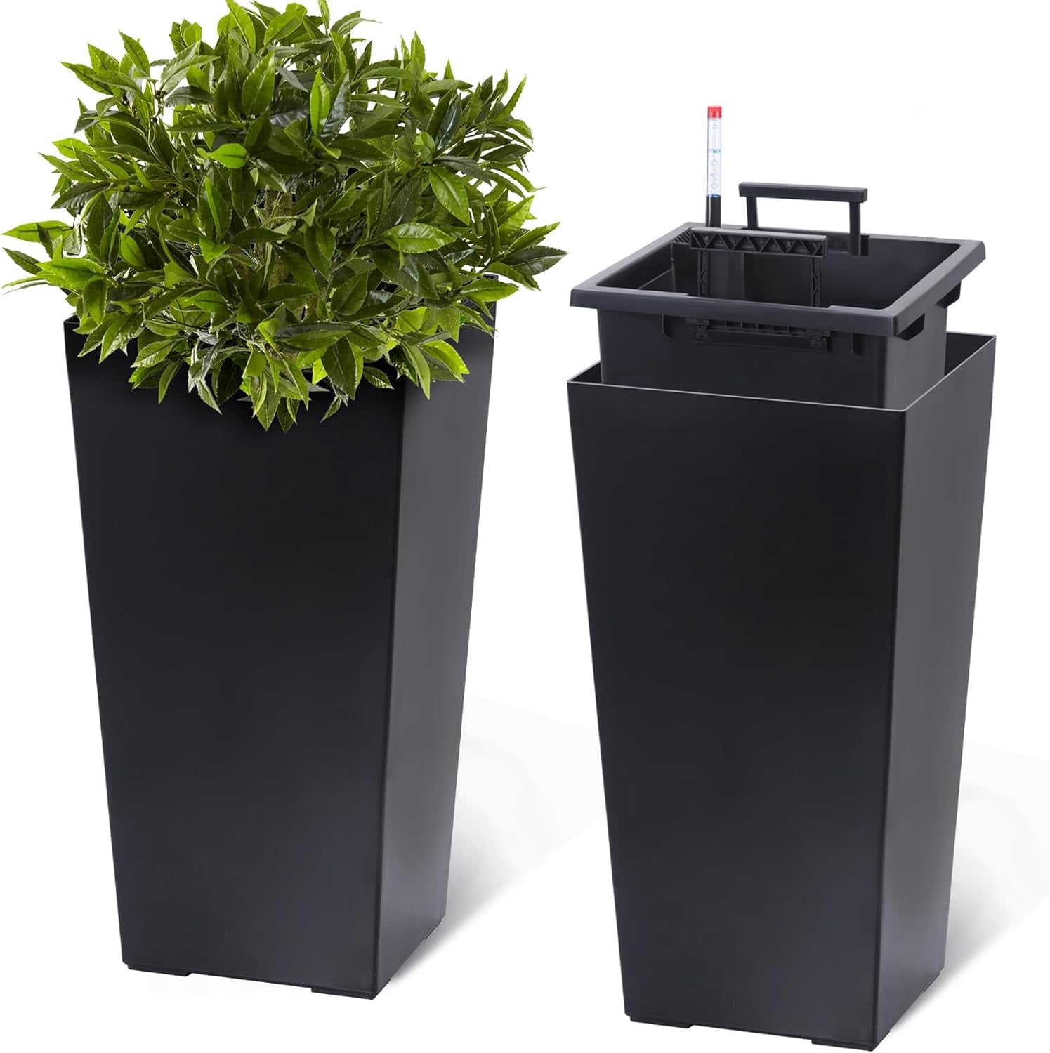 Trilenars 22Inch Tall Planter Set of 2,Indoor＆Outdoor Taper Planter with Shelf Insert,Self-Absorbing Plastic Flower Pots,Large Resin Plant Pots for Outdoor Plants and Front Porch Decor,Black