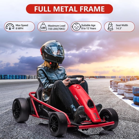 Trilenars 24V Ride On Go Kart,Racing Motors Toy for 8+ Years,8MPH Fast Drifting Circling Car, Electric Ride Toy Slow Start Function, Music, Horn, Max Load 155Lbs,Red