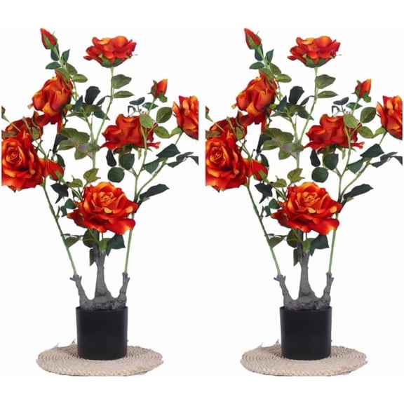 Trilenars 2Pcs Faux Peony Flower Tree, 2.3in Artificial Plants & Flowers with Green Leaves Pre-Potted Fake Blooming Tree for Indoor Outdoor Decor,Red