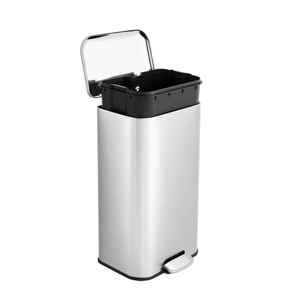 Trilenars 30L Large Stainless Steel Kitchen Trash Can,Step Pedal Recycling Bin with Removable Inner Bucket, Fingerprint-Proof, Soft-Close Lid