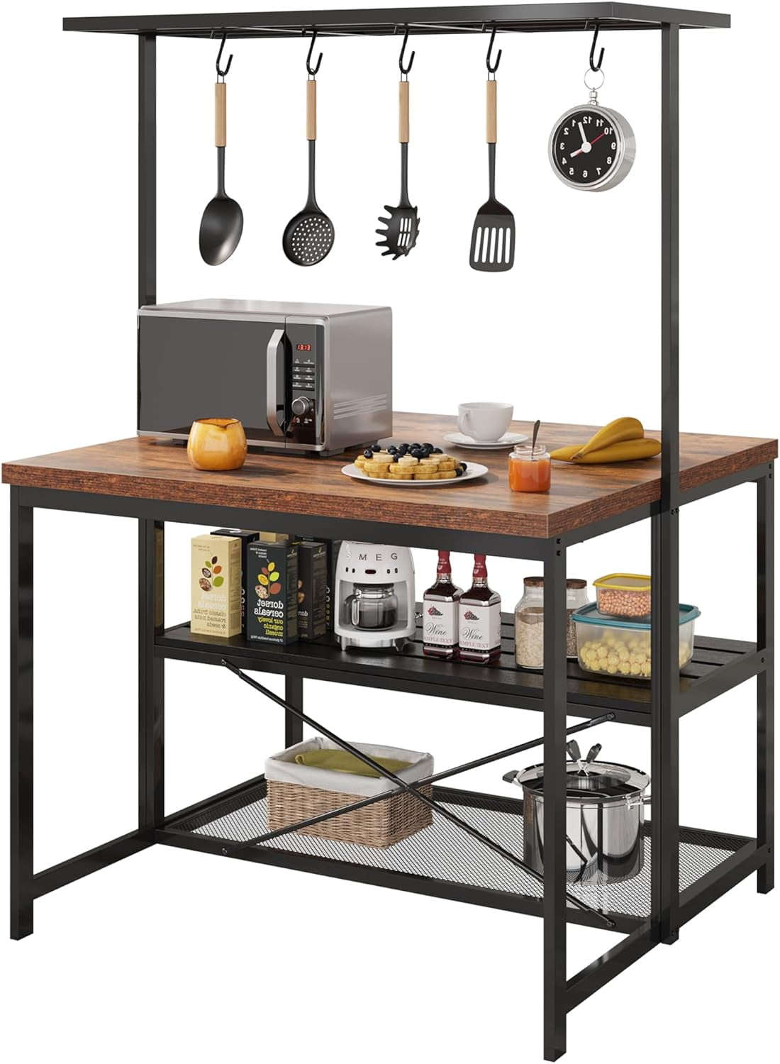 Trilenars 42inch Kitchen Island with Storage & Seating - 3-Tier Bakers Rack,Microwave Stand with 5 Hooks and 5 Rack,Multi-Function Island Table for Small Spaces,Retro color top plate