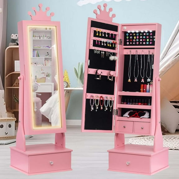 Trilenars 46inch Kids Jewelry Armoire Cabinet With 3 Storage Drawers,Freestanding Jewelry Organizer With Full-Length Mirror,Kid Vanity Dress Up Mirror Jewelry Cabinet for Little Girls,Pink