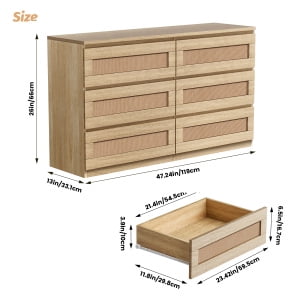 Trilenars 47 Inch Modern Rattan,6-Drawer Dresser for Bedroom - Slim Wooden Chest of Drawers,Durable Freestanding Storage Organizer Cabinet for Living Room and Entryway,Original Oak