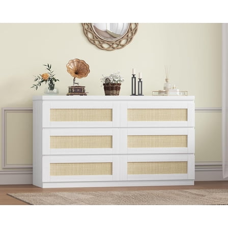 Trilenars 47 Inch Modern Rattan 6-Drawer Dresser,White