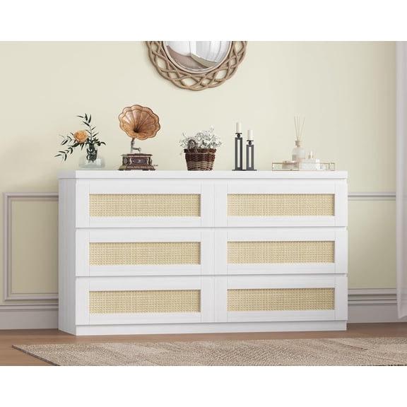 Trilenars 47 Inch Modern Rattan 6-Drawer Dresser,White