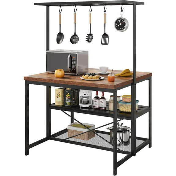 Trilenars 47inch Kitchen Island with Storage & Seating - 3-Tier Bakers Rack,Microwave Stand with 5 Hooks and 5 Rack,Multi-Function Island Table for Small Spaces,Retro color top plate