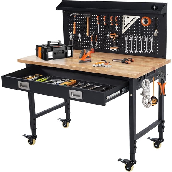 Trilenars 48" Adjustable Height Heavy Duty Workbench – Wide,Drawer, Pegboard, Storage Shelf, Power Outlets, Lockable Wheels – Ideal for Garage, Workshop, Office