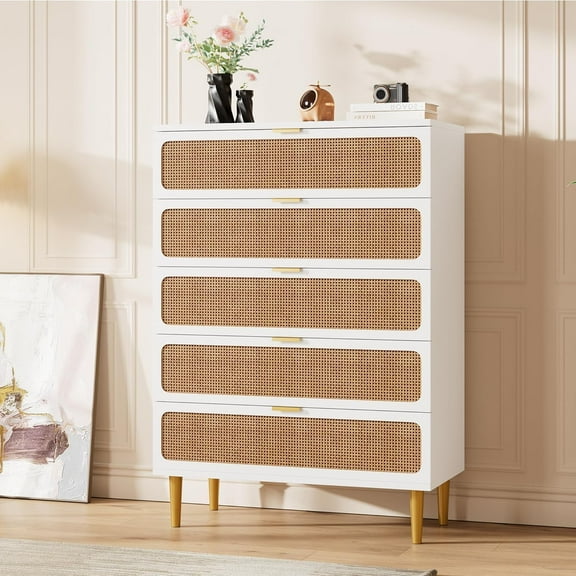Trilenars 5 Drawer Rattan Dressers for Bedroom,Tall Dresser with Deep Drawers,Large Chest of Drawers for Closet with Wide Top,Long Wooden Dresser for Living Room,White