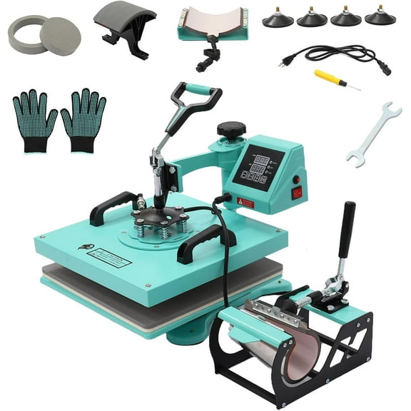 Trilenars 6 in 1 Sublimation Heat Press Machine,with 30 Oz Tumbler Attachment,360-Degree Swing Away Multifunction Digital Heat Press for T-Shirts,Tumblers Glass Hats,and Plates,15x15 Inch,Green