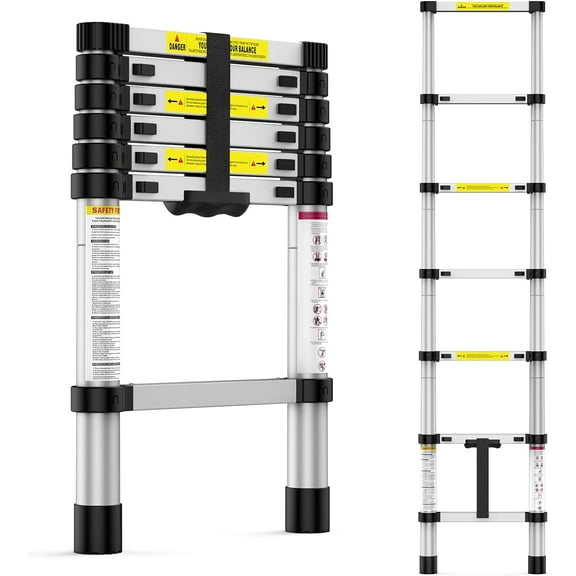 Trilenars 6.6FT Aluminum Alloy Telescopic Ladder with Stabilizer,Portable Folding Ladder with Non-Slip Feet/Load Capacity 330 Lbs,Multi-Functional Telescopic Ladders,for Home,Indoor/Outdoor,Silver
