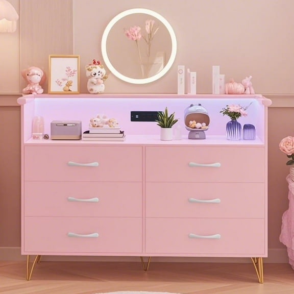 Trilenars 6 Drawer Dresser with LED Lights and Charging Station,Modern Wood TV Stand for Bedroom & Living Room,Storage Chest for Entryway,Closet Hallway Organization,Pink