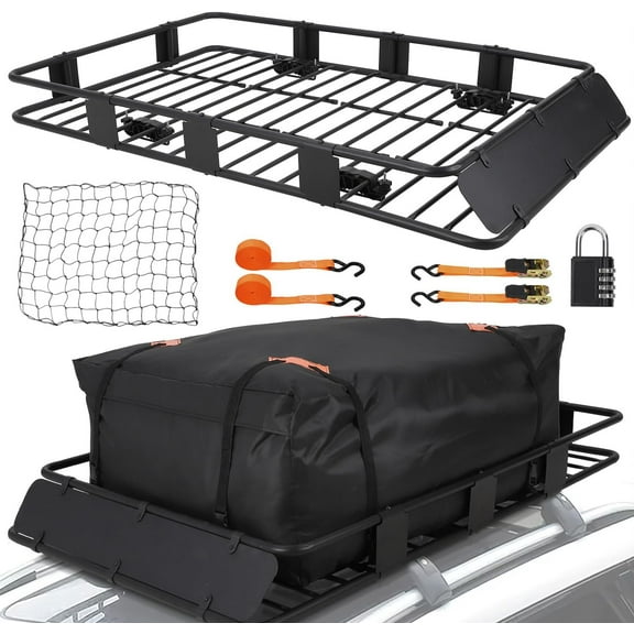 Trilenars 64" x 39" Roof Rack Carrier Basket,Rooftop Cargo Carrier Basket w/ 200 Lbs Capacity,Heavy Duty Roof Rack Basket w/1 Waterproof Bag,Cargo Net,2 Pairs of Tensioners,1 Lock,Black
