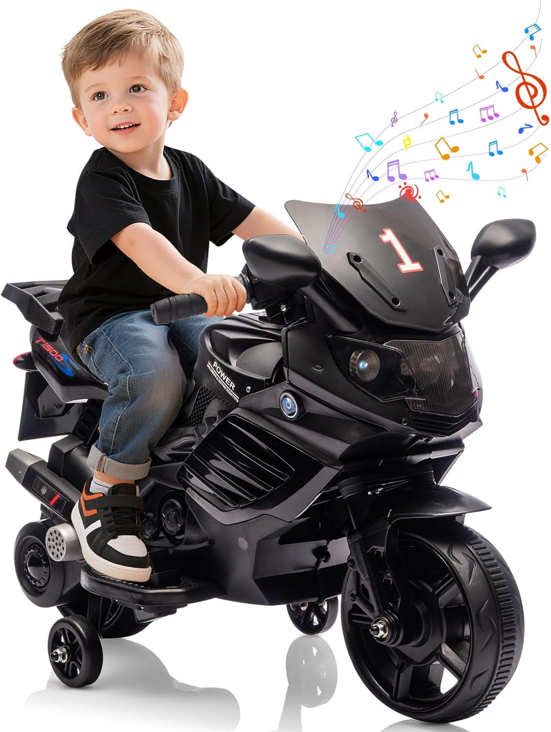 Trilenars 6V Motorcycle, Electric Ride On Car Toy with Training Wheels, Working Headlight, Horn & Music, Battery PoweRed Ride On Motorcycle Toy for Ages 3-6,Black