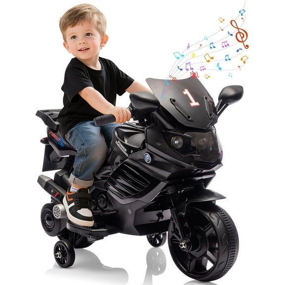 Trilenars 6V Motorcycle, Electric Ride On Car Toy with Training Wheels, Working Headlight, Horn & Music, Battery PoweRed Ride On Motorcycle Toy for Ages 3-6,Black