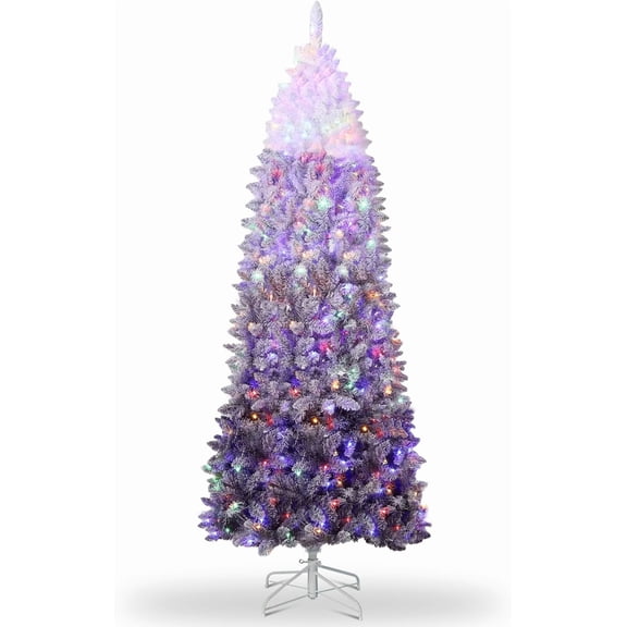 Trilenars 7.5Ft White & Purple Gradient Pencil Christmas Tree,Artificial Slim Xmas Trees Skinny Christmas Tree,Decorations Fake Flockeds Christmas Tree,White Purple