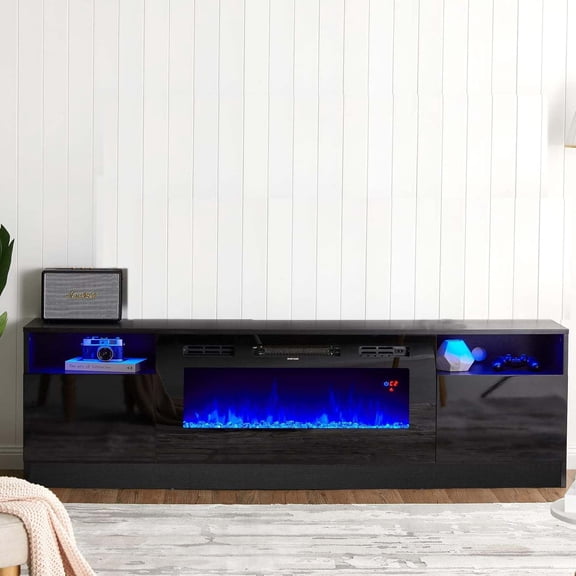 Trilenars 70 Inch TV Stand & 36 Inch Electric Fireplace,12 Colors LED Lights Flame,1500W for Max 80 Inch TVs,2 Tier Storage 2 Door Cabinet for Home,Black