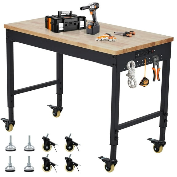 Trilenars 72" x 25" Workbench Adjustable Height,Work Bench for Garage Oak Plank, Heavy Duty Workbench with Power Outlet & Swivel Casters