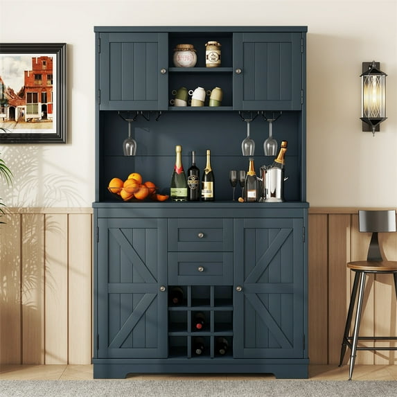 Trilenars 74 Inch Farmhouse Coffee Bar Cabinet With 9 Compartment Bottle Holder, 6 Hooks, 2 Storage Shelves, 2 Drawers, Rustic Coffee Bar Sideboard Table For Dining Room