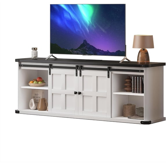 Trilenars 77 Inch TV Stand - Mid Century Entertainment Center with Storage Cabinets, Charge Station & Barn Doors**