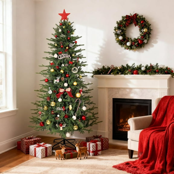 Trilenars 7ft Artificial Christmas Tree,Premium Hinged Design with Warm White and Colorful Light,8 Adjustable Lighting Modes,skinny christmas tree,Easy to Assemble,Metal Base,Elegant Decorations