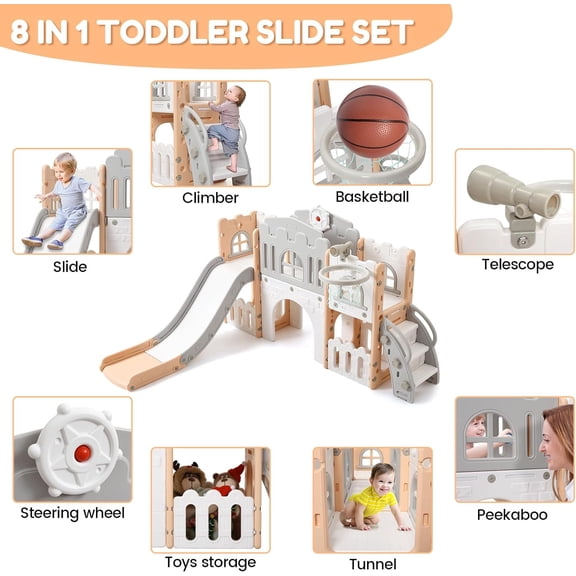 Trilenars 8-in-1 Toddler Indoor Playground with Slide,Slide Playset for Ages 1-3Y,Outdoor Play,Slide Includes Basketball Hoop,Climber,Crawling Tunnel,Telescope,Toy Storage,Pink Gray