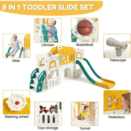 Trilenars 8-in-1 Toddler Indoor Playground with Slide,Slide Playset for Ages 1-3Y,Outdoor Play,Slide Includes Basketball Hoop,Climber,Crawling Tunnel,Telescope,Toy Storage,Orange Green