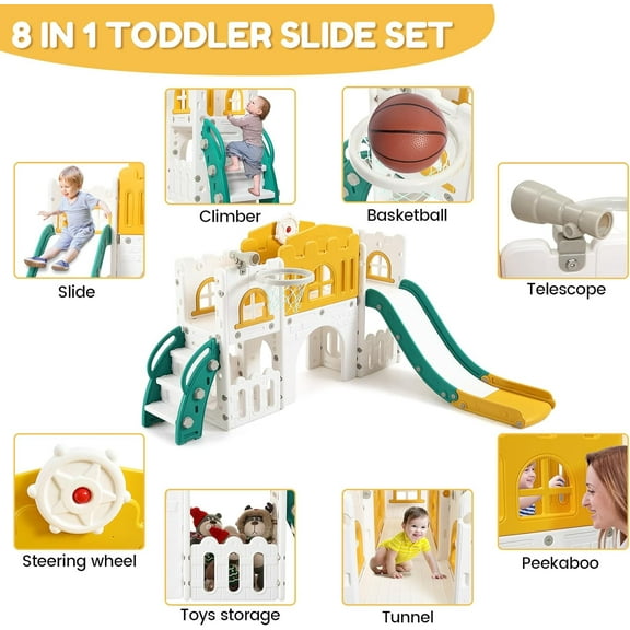 Trilenars 8-in-1 Toddler Indoor Playground with Slide,Slide Playset for Ages 1-3Y,Outdoor Play,Slide Includes Basketball Hoop,Climber,Crawling Tunnel,Telescope,Toy Storage,Orange Green