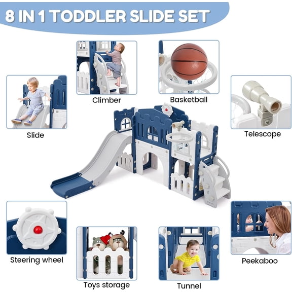 Trilenars 8-in-1 Toddler Indoor Playground with Slide,Slide Playset for Ages 1-3Y,Outdoor Play,Slide Includes Basketball Hoop,Climber,Crawling Tunnel,Telescope,Toy Storage,Blue+Grey