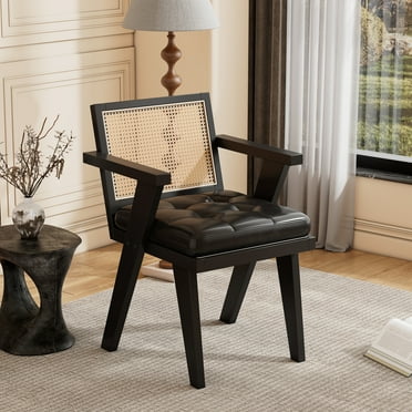 Trilenars Accent Chair Mid-Century Modern Armchair With Rattan Backrest Padded Seat Upholstered Reading Chairs For Bedroom Living Room Enterway Kitchen
