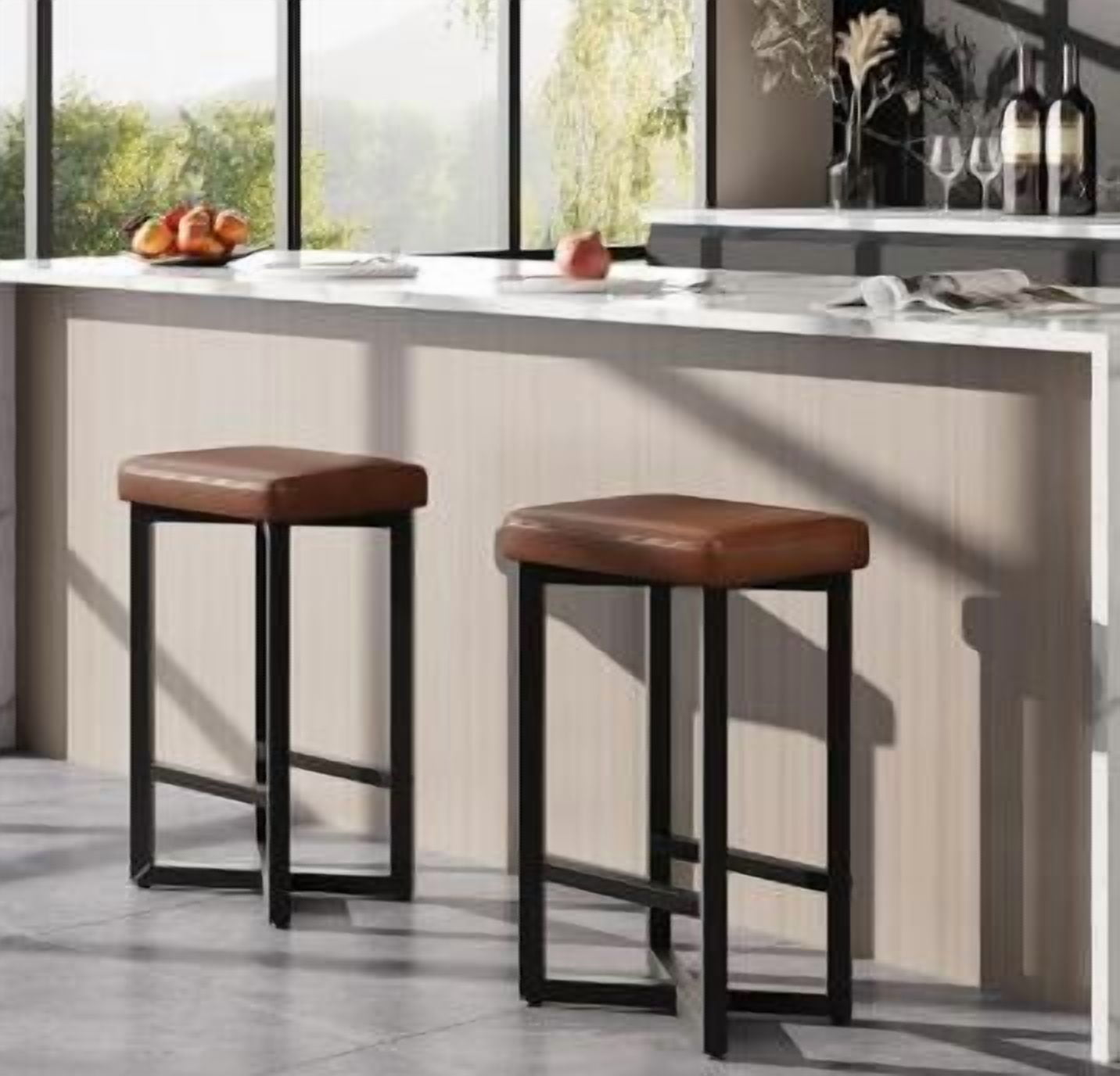 Trilenars Bar Stools Set of 2,24.6" Upholstered Counter Height Bar Stools with Metal Frame & Footrest,Modern Backless Kitchen Barstools with PU Leather for Dining Room,Vintage Brown
