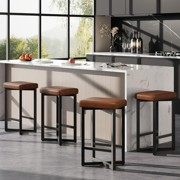 Trilenars Bar Stools Set of 4,24.6" Upholstered Counter Height Bar Stools with Metal Frame & Footrest,Modern Backless Kitchen Barstools with PU Leather for Dining Room,Vintage Brown
