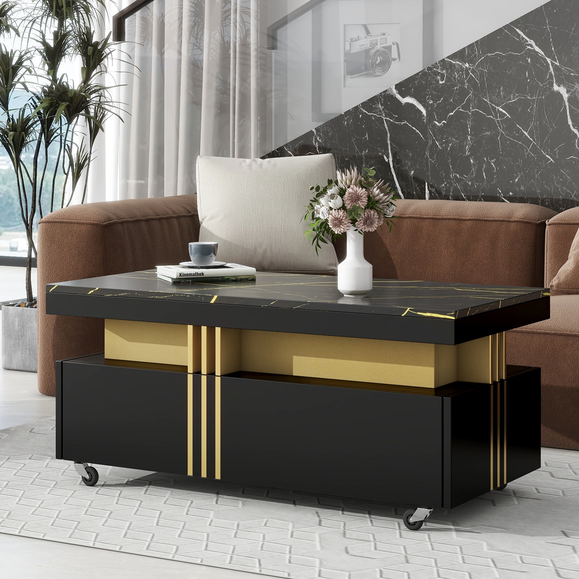 Trilenars Coffee Table Rectangular Contemporary Coffee Table With Caster Wheels Storage Drawers ...