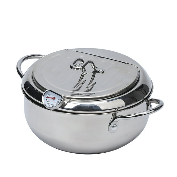 Trilenars Deep Fryer Pot Tempura Frying Pan 304 Stainless Steel Flat Bottom Japanese Style Cookware W/Lid & Temperature Control Thermometer