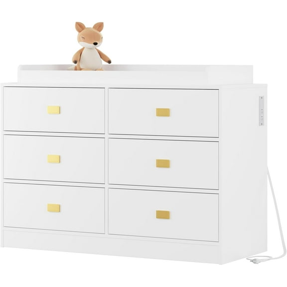Trilenars Dresser for Bedroom with 6 Drawers,Changing Table Dresser with Power Outlets,Soft Changing Pad & Removable Top,Changing Table Top for Nursery,White